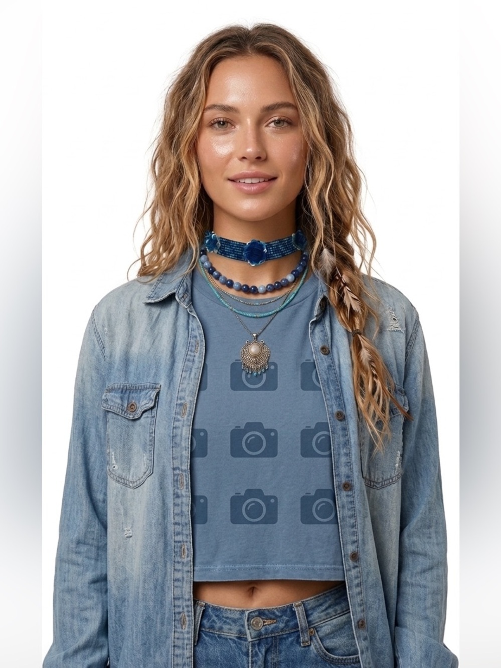 ZAD Boho Blue Rose Beaded Choker Necklace Diamond Pattern NWT